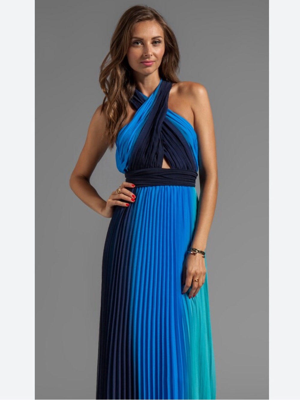 Alice + Olivia Jaelyn Cross Top Flare Dress in Blue Ombre